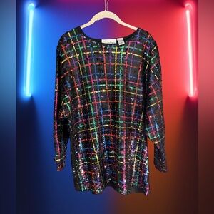 Cedars Vintage EUC Sz L Colorful Sequin Long Sleeve Women's Tunic Top (0725)